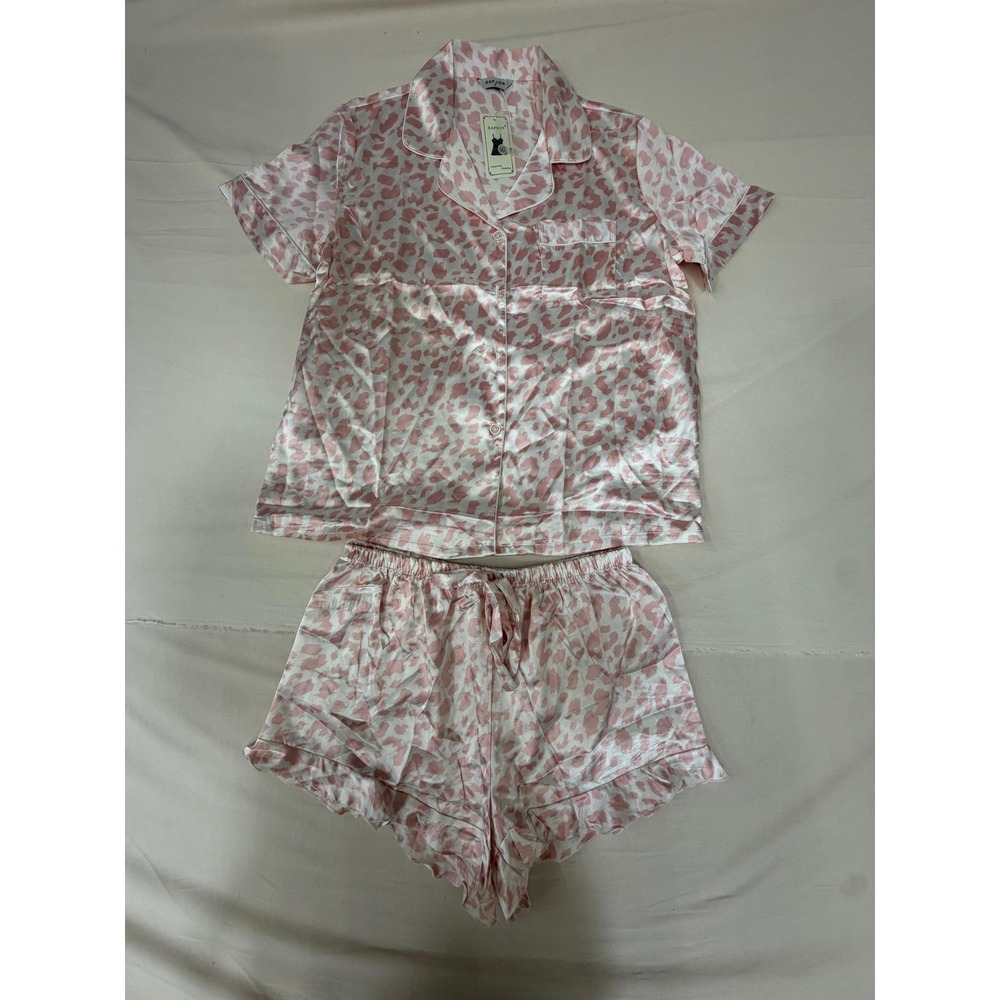 Sapjon Womens Pink Leopard Satin Pajama Set Short Sleeve Button Up Shorts Small